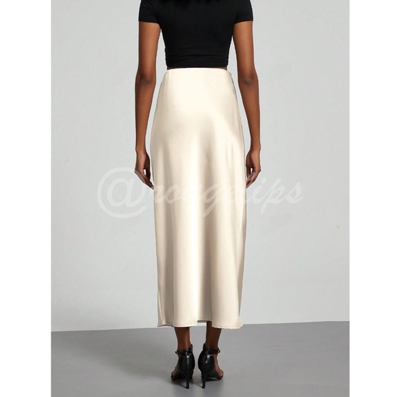 Champagne Beige Satin A-Line Skirt High Waisted Long - Picture 5 of 10